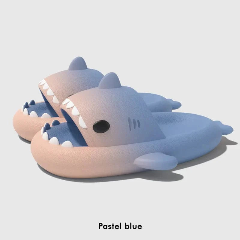 Gradient EVA shark slippers with 4cm thick sole, showing colorful cartoon shark design for indoor, bathroom, or summer beach wear.