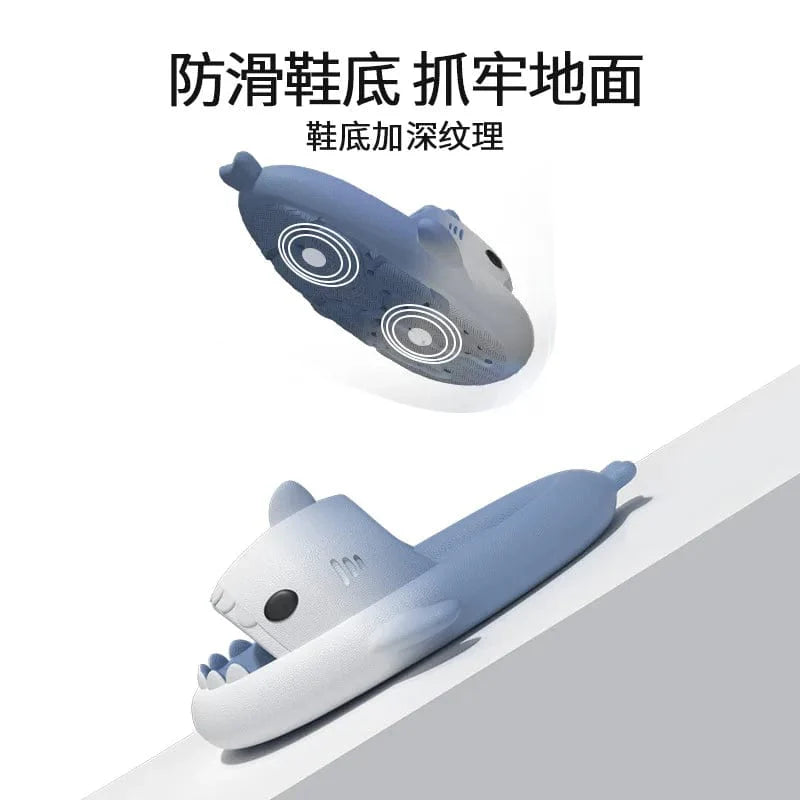 Showlu Fashion shark slippers with gradient color and 4cm thick EVA sole, suitable for indoor, bathroom, or summer beach wear.