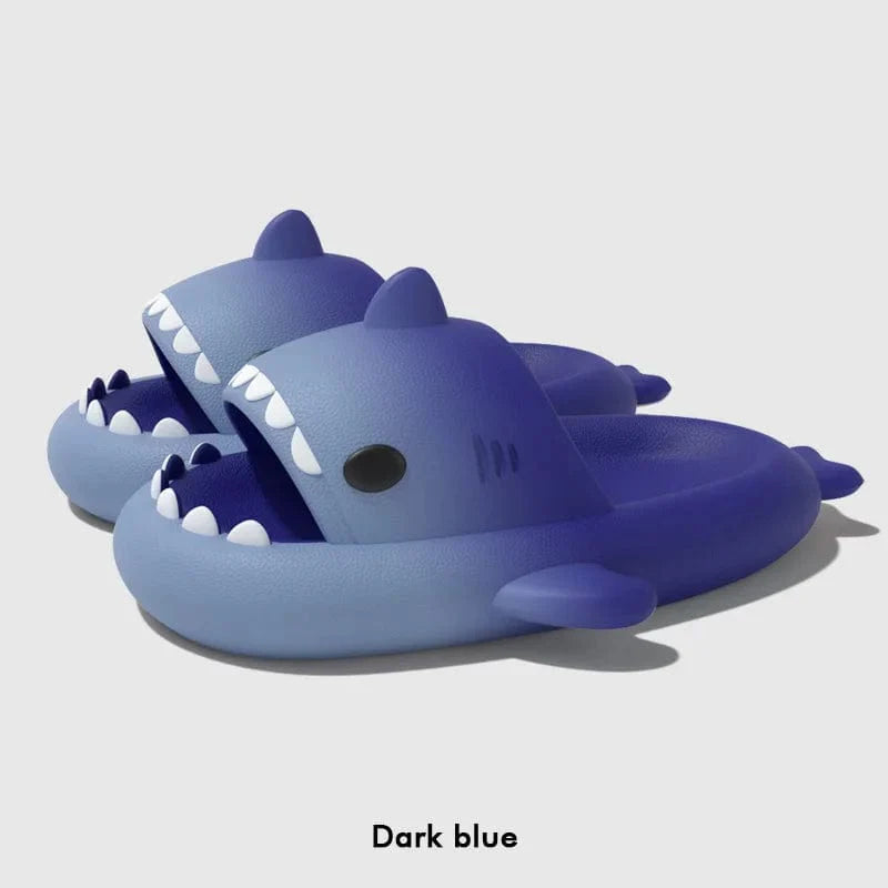 Gradient EVA shark slippers with 4cm thick sole, indoor and outdoor slides for women and men, featuring cute cartoon shark design.