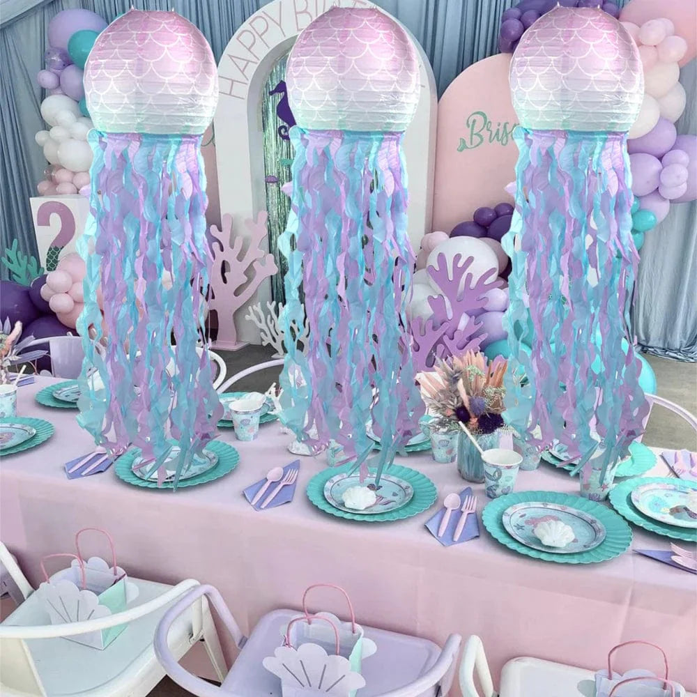 Weigao gradient jellyfish paper lanterns for mermaid-themed parties, hanging ocean decor for birthdays and weddings.