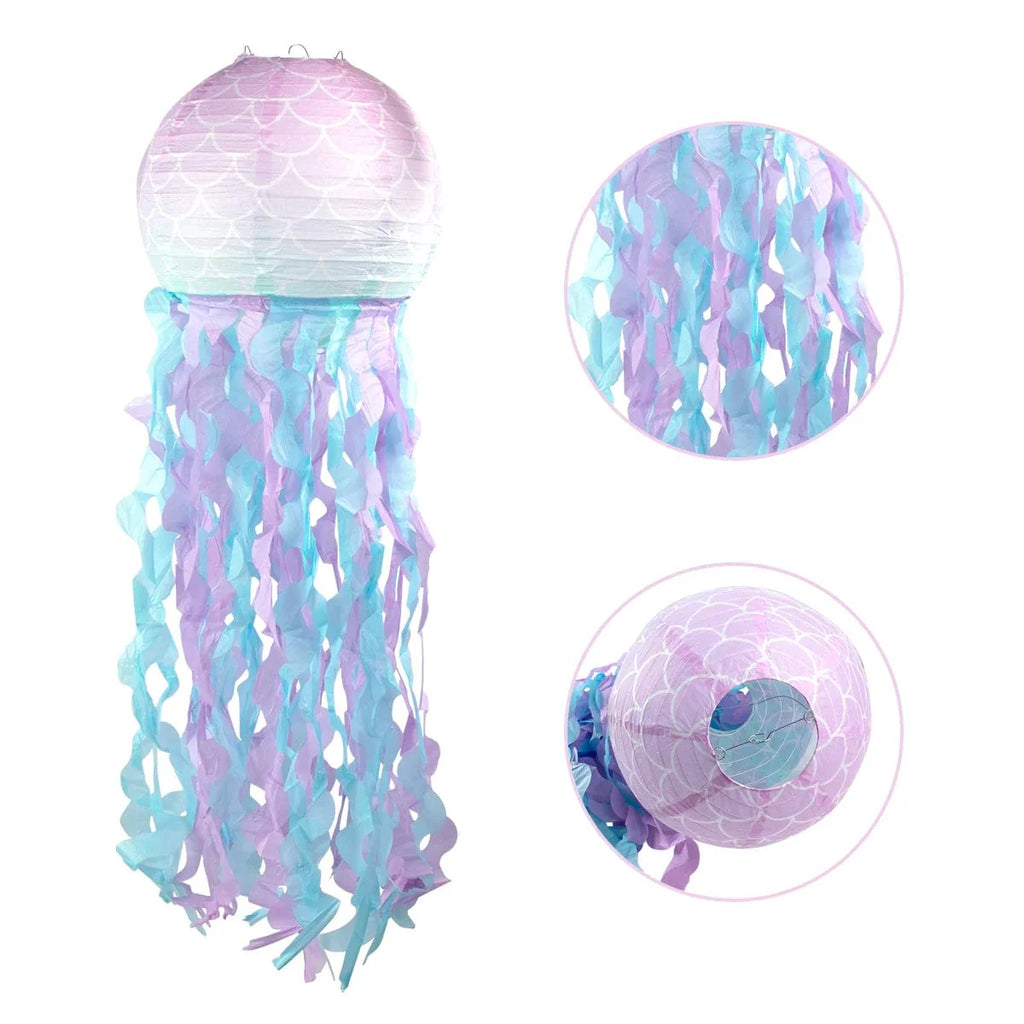 Gradient jellyfish paper lanterns for mermaid and under-the-sea themed parties, hanging ocean decoration for birthdays and weddings.
