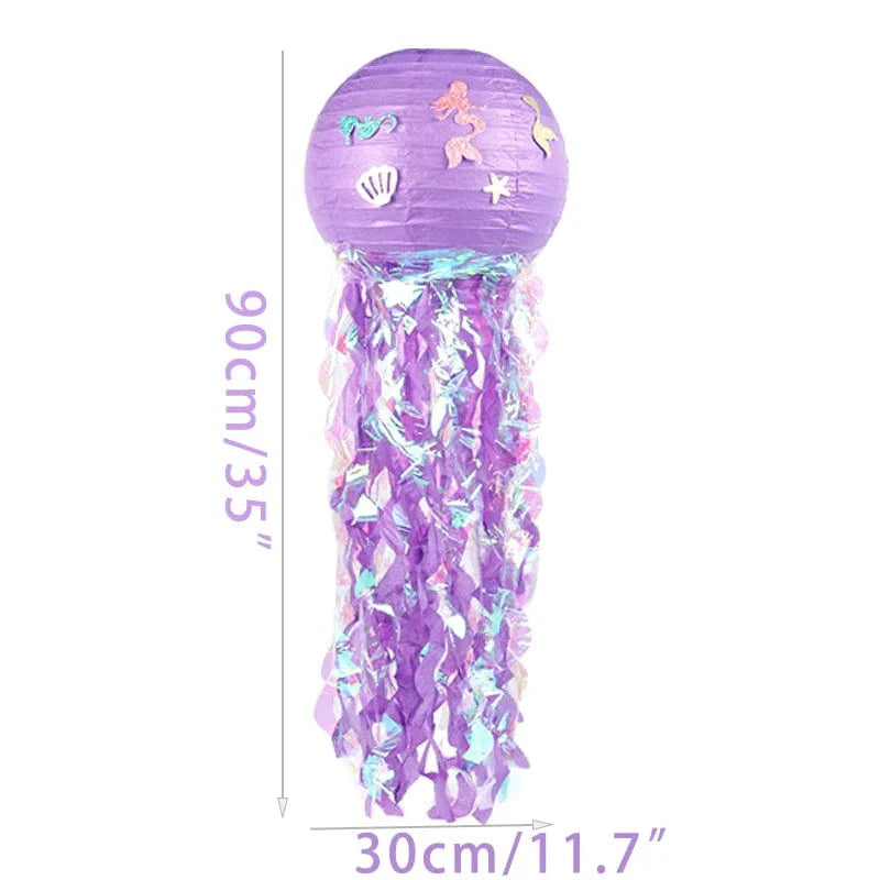 Gradient jellyfish paper lanterns for mermaid party decor, hanging ocean-themed decorations for birthdays or weddings.