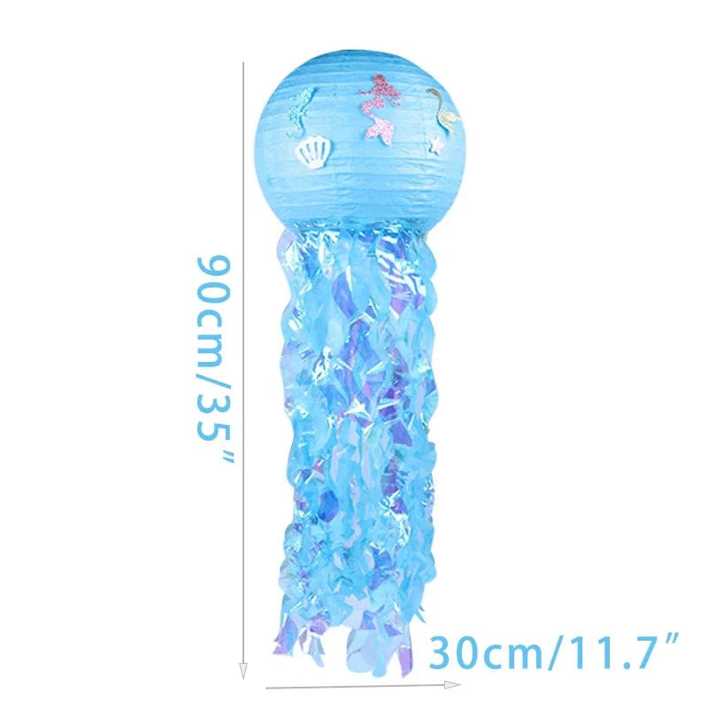 Gradient jellyfish paper lanterns for mermaid or under-the-sea themed parties, hanging ocean décor for birthdays or weddings.