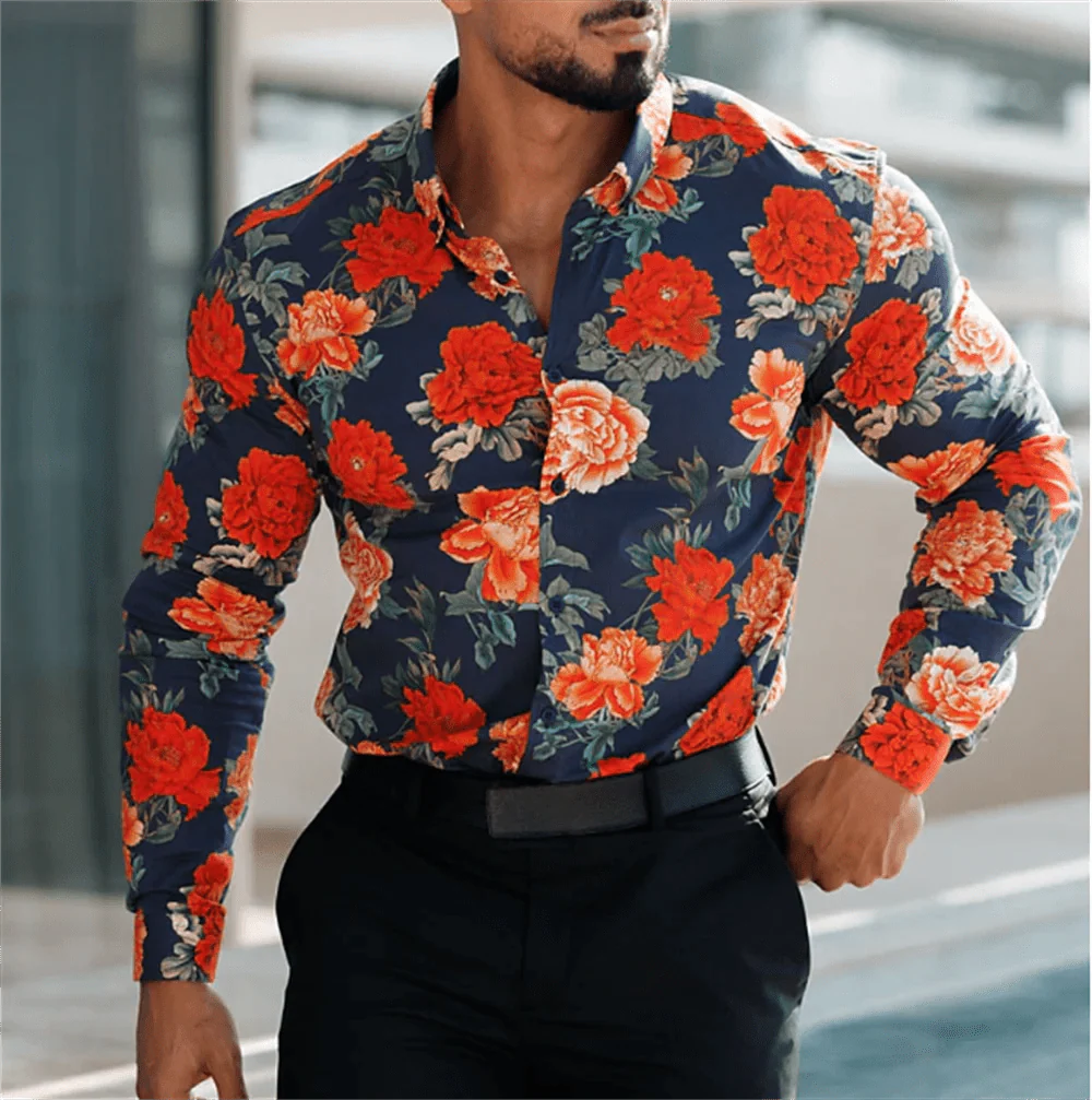 SHOWLU FASHION men's gradient Hawaiian shirt made of soft polyester blend with a vibrant summer design and button details.