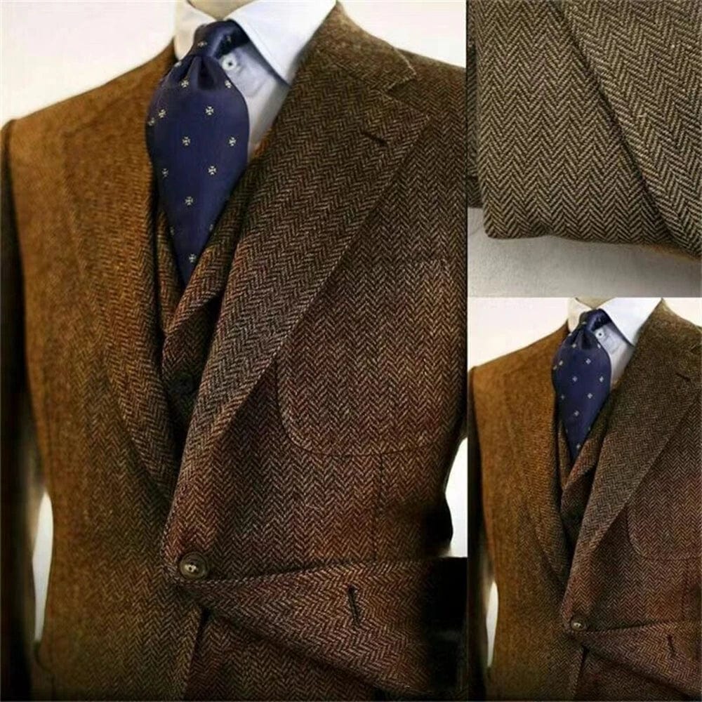 Gray herringbone wool tweed 3-piece men's winter suit with slim fit, jacket, vest, and pants, suitable for formal and wedding occasions.