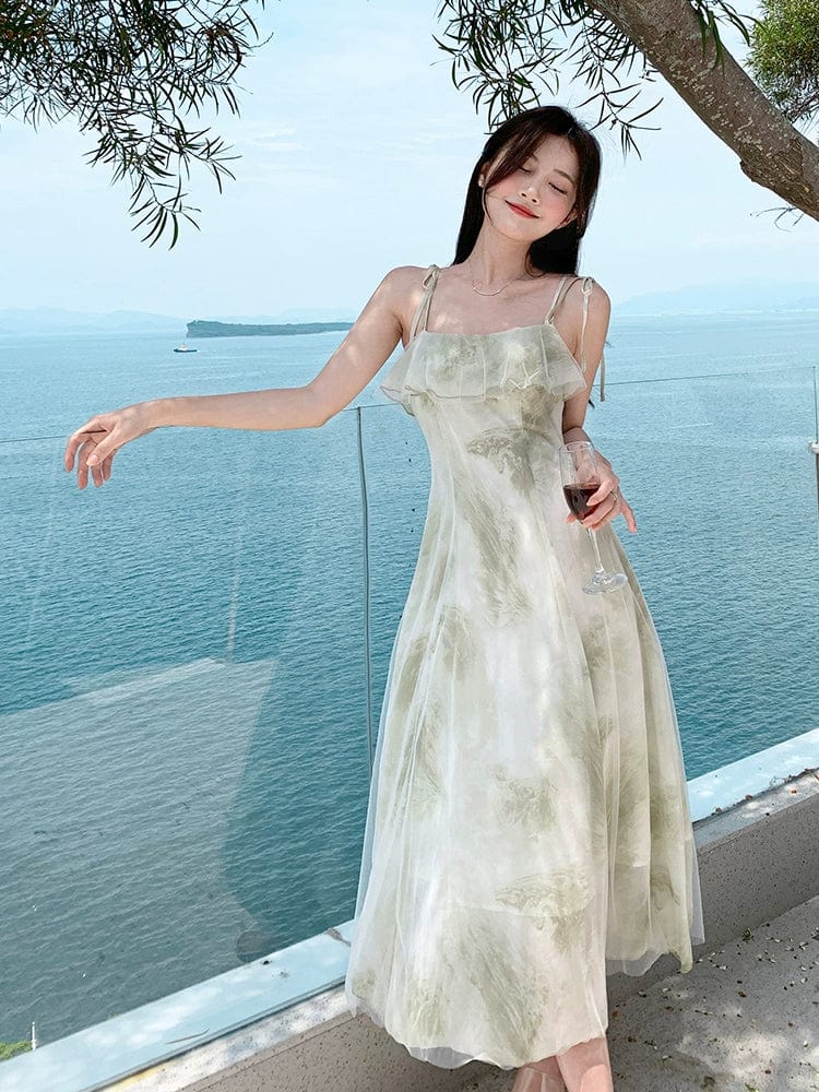 Green chiffon fairy holiday dress by Showlu Fashion, off-shoulder style with flowing fabric and elegant design for special occasions.