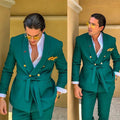 Green slim fit men's double-breasted wedding tuxedo suit with shawl lapel, shown as a 2-piece formal attire by SHOWLU FASHION STORE.