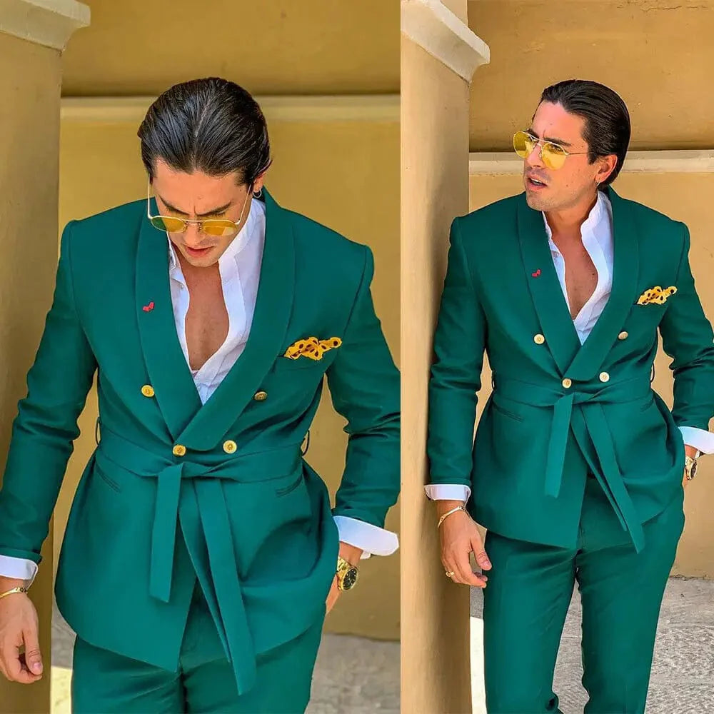 Green slim fit men's double-breasted wedding tuxedo suit with shawl lapel, shown as a 2-piece formal attire by SHOWLU FASHION STORE.