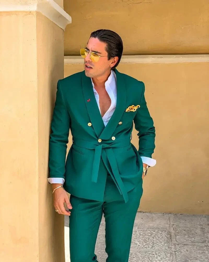 Green slim fit men's tuxedo suit with double-breasted shawl lapel, formal wedding attire, 2-piece set by SHOWLU FASHION STORE