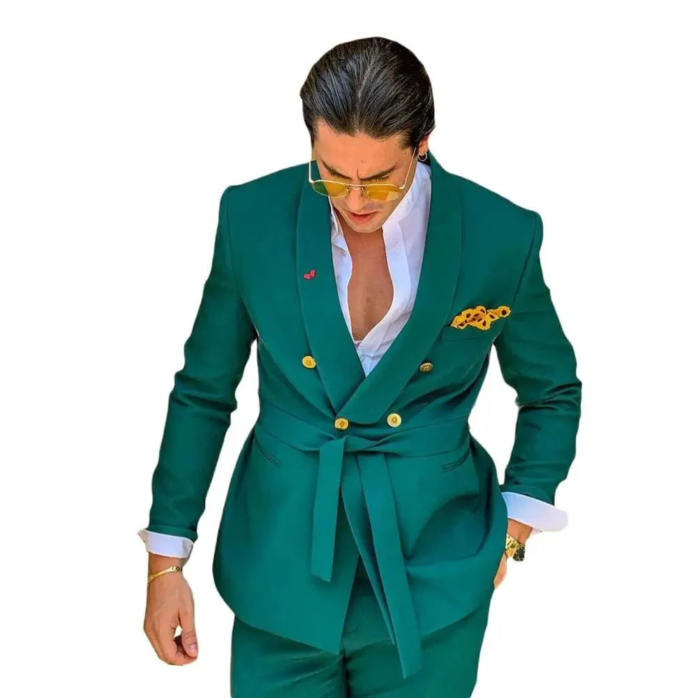 Green slim fit men's tuxedo suit with double-breasted jacket and matching trousers, formal wedding attire by SHOWLU FASHION STORE.