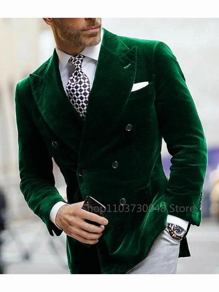 Green/Black Velvet Blazer for Men with Peak Lapel Double Breasted Dinner Jacket Elegant Smoking Suit Wedding Coat - SHOWLU FASHION STORE