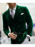SHOWLU Men's velvet double-breasted blazer in green and black with peak lapels, suitable for formal events and weddings.