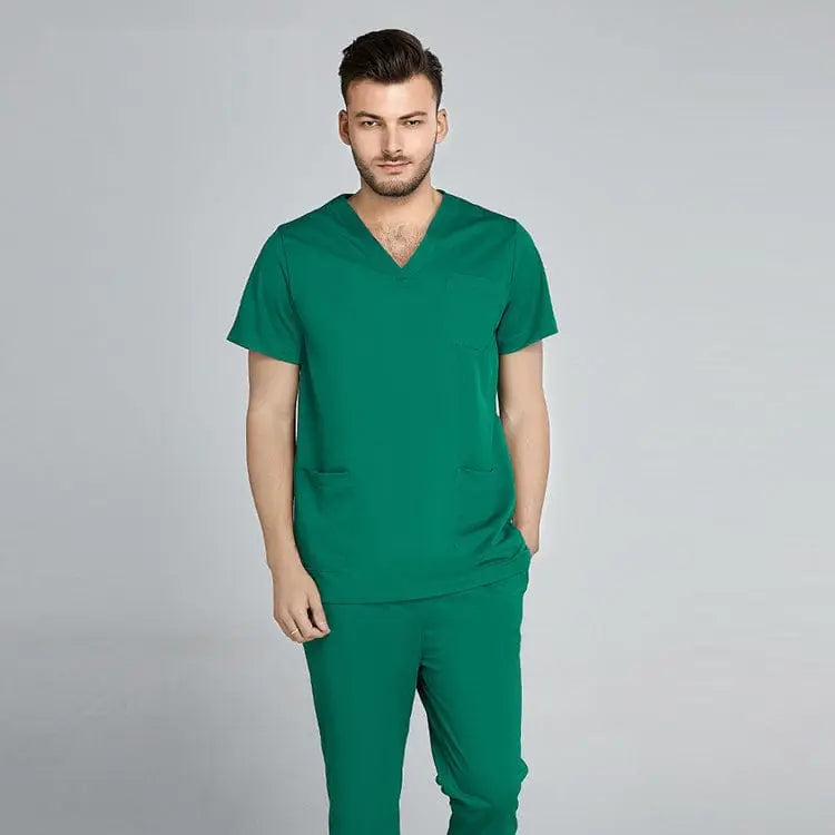 Grey Showlu unisex jogger scrub suit set, slim fit medical nursing uniform for doctors and nurses in hospital clinical settings.