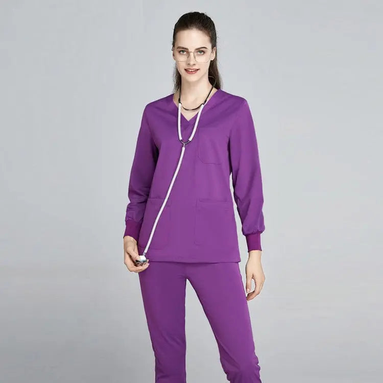 Grey Showlu Unisex jogger scrub suit set, slim fit medical nursing uniform with functional pockets for hospital staff.
