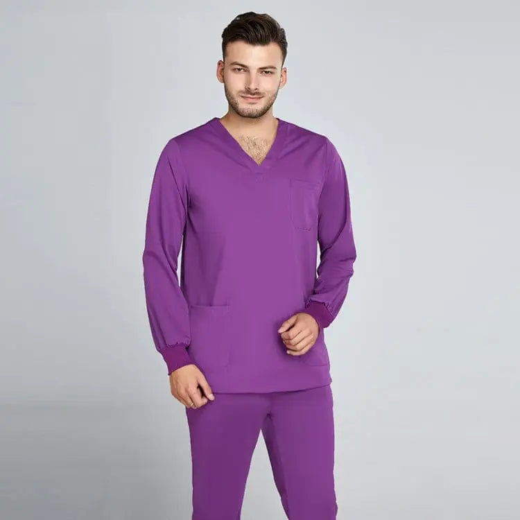 Grey Showlu unisex jogger scrub suit set, slim fit medical nursing uniform for doctors and nurses in clinical hospital settings.