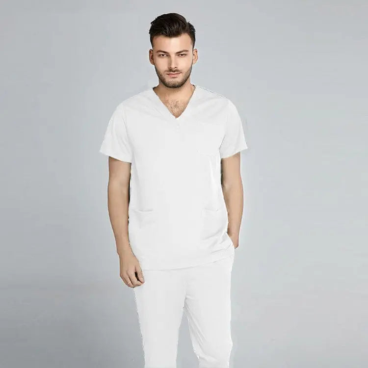 Grey Showlu unisex jogger scrub suit set, slim fit medical nursing uniform for doctors and nurses in hospital clinical environments.