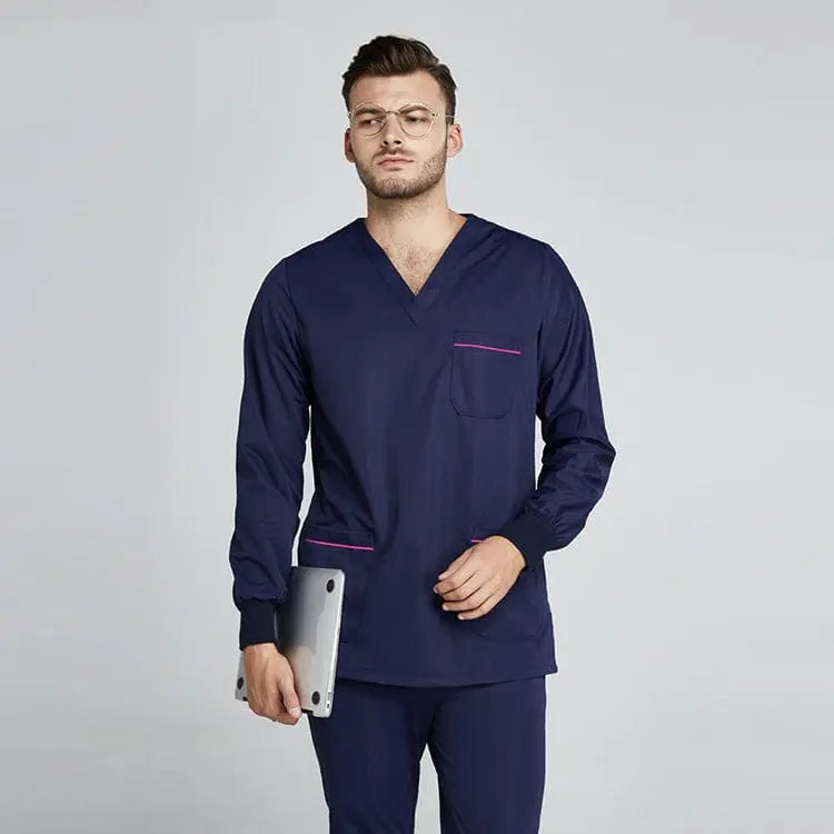 Grey Showlu Unisex Jogger Scrub Suit Set for medical professionals, featuring slim fit design and comfortable hospital uniform style.
