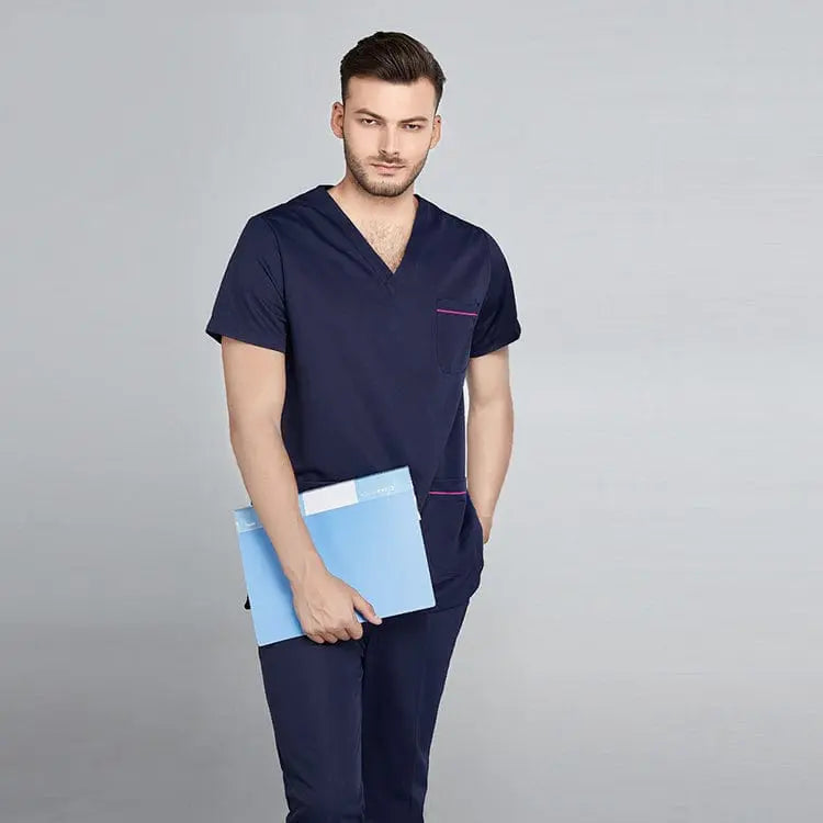 Grey Showlu Unisex jogger scrub suit set with slim fit design, ideal for medical professionals and hospital staff.