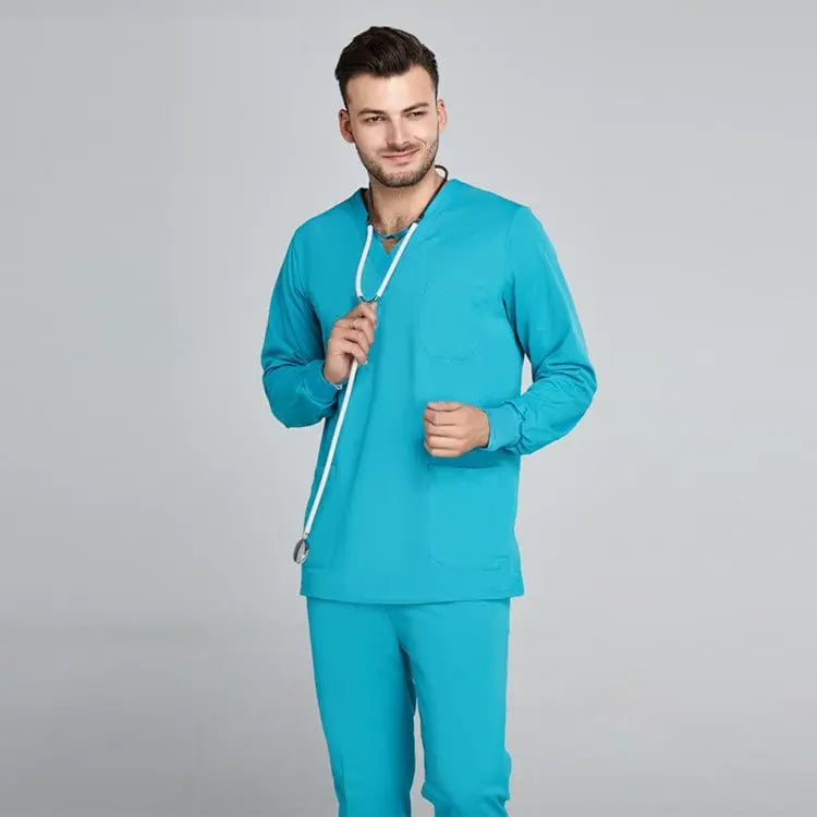 Grey Showlu Unisex Jogger Scrub Suit Set, slim fit medical uniform for doctors and nurses, hospital clinical scrubs.
