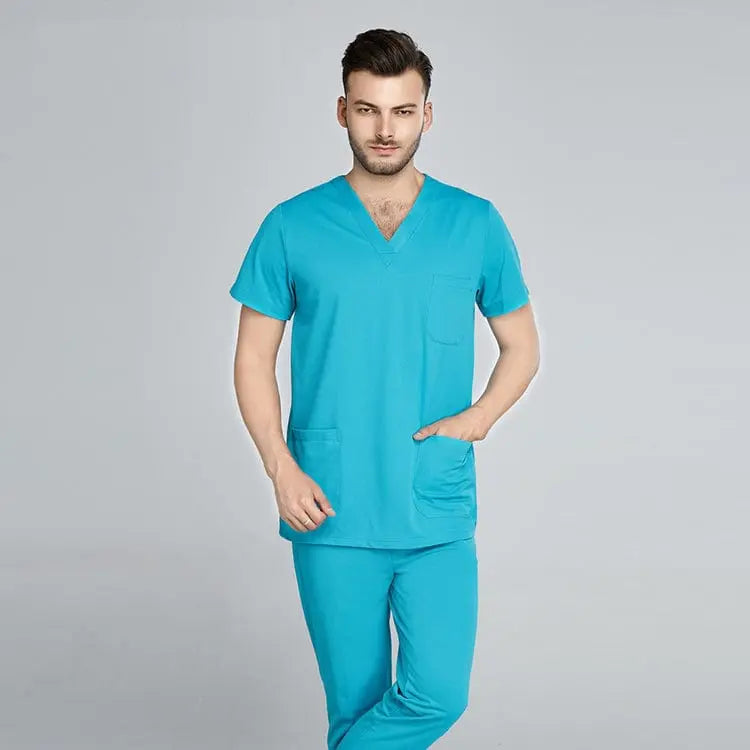 Grey Showlu unisex jogger scrub suit set for medical professionals, slim fit nursing uniform for hospital and clinical use.