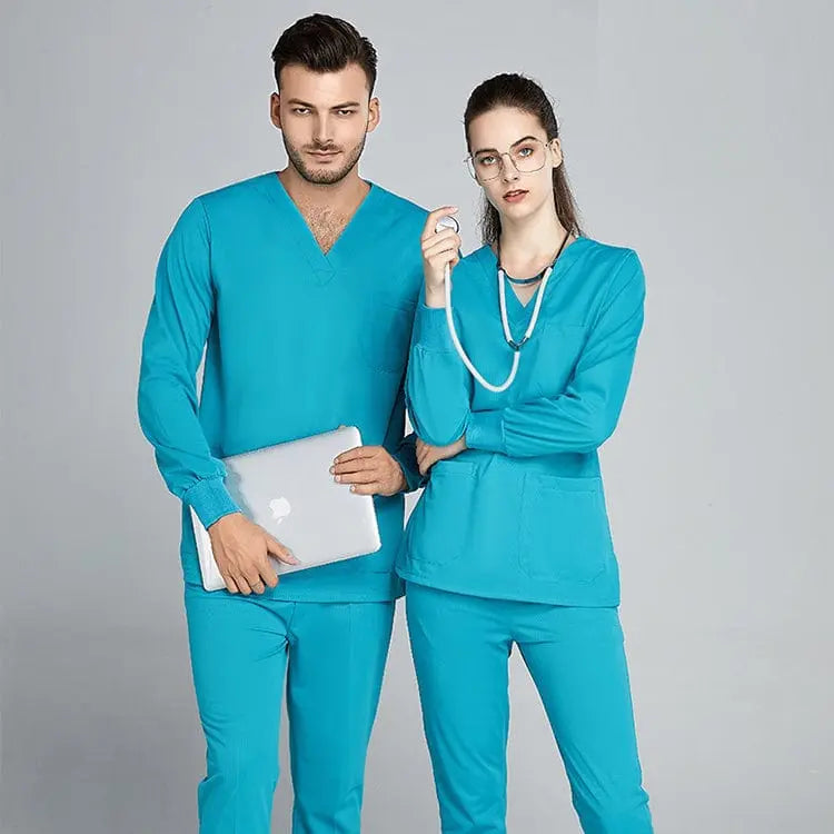 Grey Showlu unisex jogger scrub suit set featuring slim-fit medical uniform for doctors and nurses, hospital clinical attire.