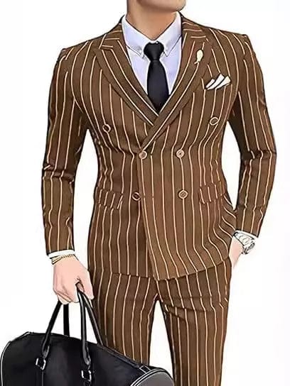 Grey striped Showlu men's double-breasted slim fit wedding suit with blazer and pants, ideal for grooms and formal occasions.