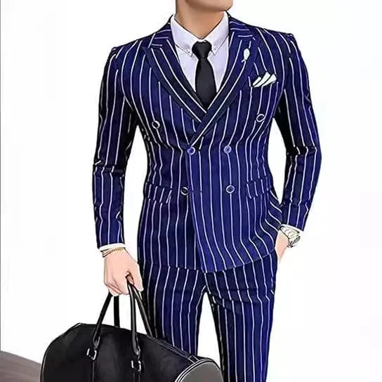 Men's grey striped double-breasted wedding suit with slim fit blazer and pants, custom-made tuxedo for groom or best man.