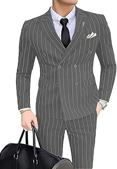 Showlu men's grey striped double-breasted wedding suit with slim fit blazer and trousers, perfect for grooms and best men.