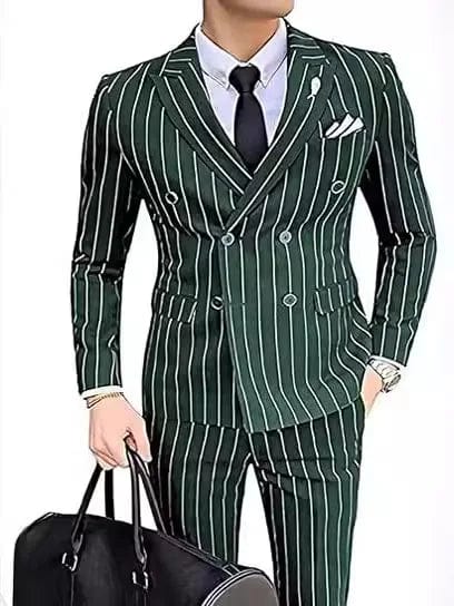 Showlu men's grey striped double-breasted wedding suit with slim fit blazer and pants, perfect for formal occasions and grooms.