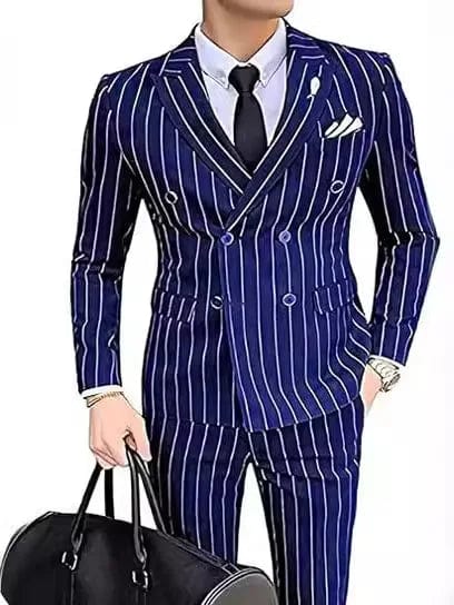 Showlu men's grey striped double-breasted slim fit wedding suit with blazer and pants, perfect for grooms and formal occasions.