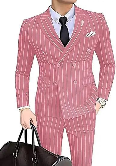 Showlu men's grey striped double-breasted wedding suit with blazer and pants, slim fit tuxedo for groom or best man.