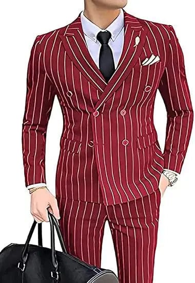 Showlu men's grey striped double-breasted wedding suit with blazer and pants, slim fit tuxedo for formal occasions.