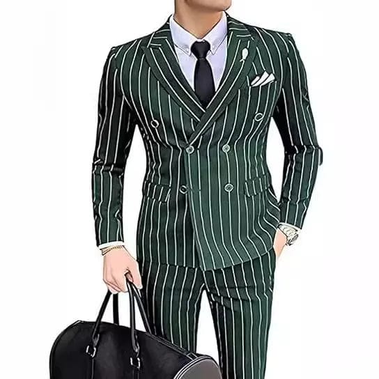 Showlu men's grey striped double-breasted wedding suit with blazer and pants, slim fit tuxedo for groom or best man.