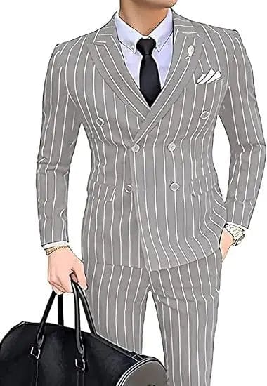Grey striped men's double-breasted wedding suit by Showlu Fashion Store, featuring slim fit tuxedo blazer and matching pants.