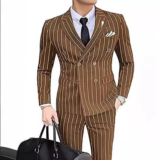 Showlu men's grey striped double-breasted wedding suit tuxedo with slim fit, blazer, and pants, perfect for groom or best man.