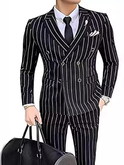 Showlu men's grey striped double-breasted wedding suit with blazer and pants, slim fit tuxedo for groom or best man.