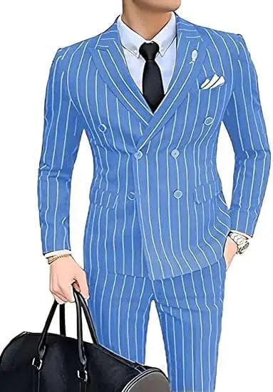 Grey striped double-breasted men's wedding suit by Showlu Fashion Store, featuring slim fit blazer and matching pants for groom or best man.