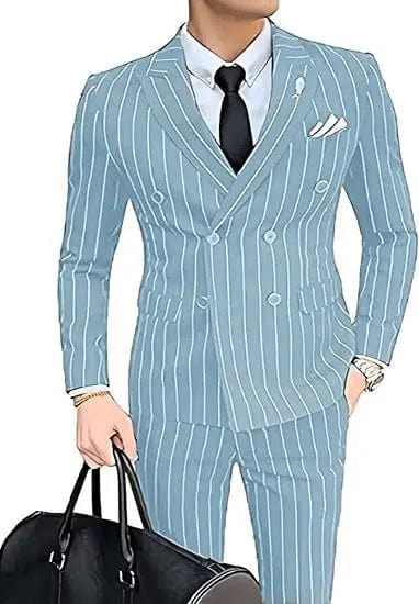 Men's grey striped double-breasted wedding tuxedo suit with slim fit, blazer and pants, from Showlu Fashion Store.