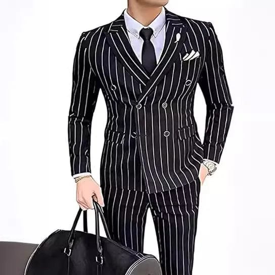 Showlu men's grey striped double-breasted wedding suit tuxedo with blazer and pants, slim fit for formal wedding attire.