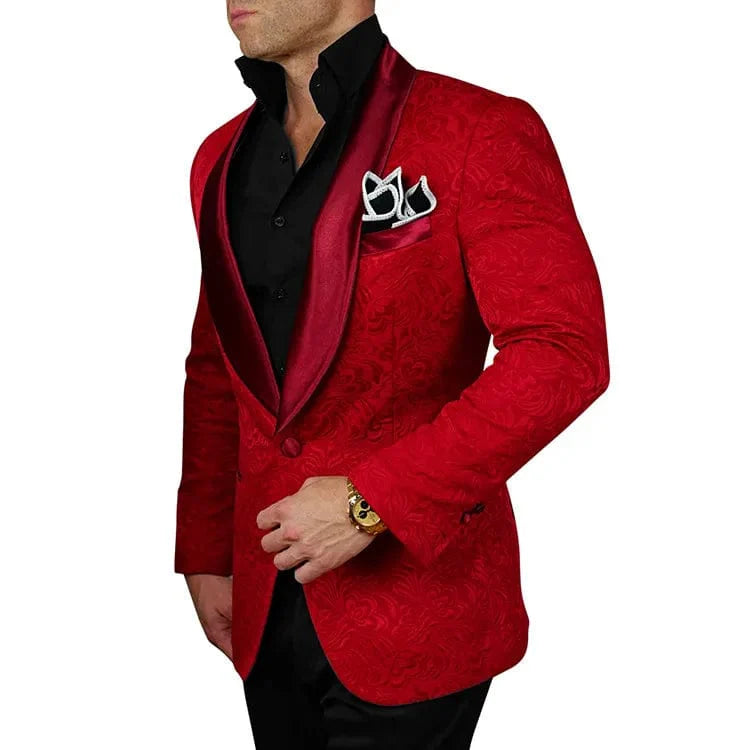 Ivory patterned men's tuxedo with shawl lapel, jacket and pants, ideal for wedding groomsmen or formal occasions.