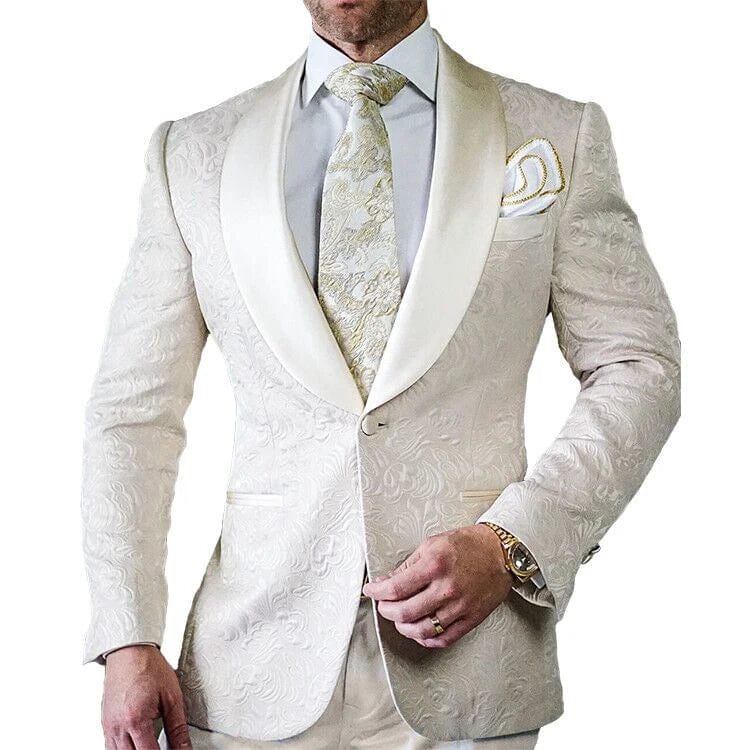 Ivory patterned men's tuxedo with shawl lapel, blazer and pants, ideal for wedding grooms and best men, from SHOWLU FASHION STORE