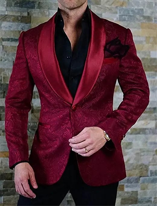 Ivory patterned men's tuxedo with shawl lapel, 2-piece wedding suit featuring blazer, pants, and tie for groomsmen or groom.
