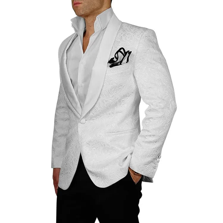 Ivory patterned men's tuxedo with shawl lapel, 2-piece wedding suit featuring blazer and matching pants, ideal for groomsmen.