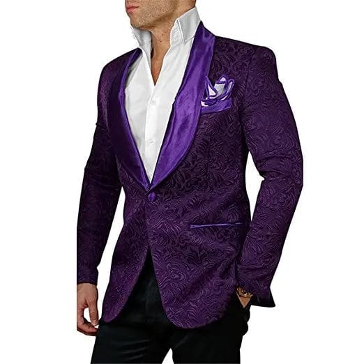 Ivory patterned men's tuxedo with shawl lapel, jacket and pants, worn by a groom or groomsman at a wedding, by SHOWLU FASHION STORE.