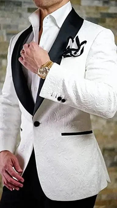 GQER Ivory Pattern Men's Tuxedo with shawl lapel, 2-piece wedding suit, featuring blazer, matching pants, and tie for groomsmen.