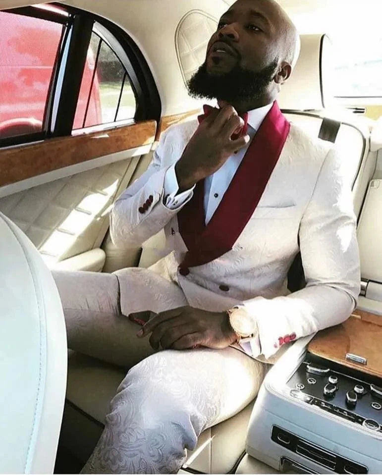 Ivory patterned men's tuxedo with shawl lapel, blazer and pants, suitable for wedding grooms and best men, from SHOWLU FASHION.