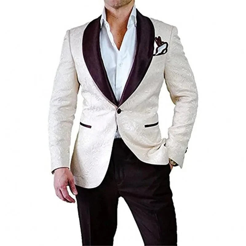 Ivory patterned men's tuxedo with shawl lapel, jacket and pants, perfect for groomsmen or wedding occasions, by SHOWLU FASHION STORE.