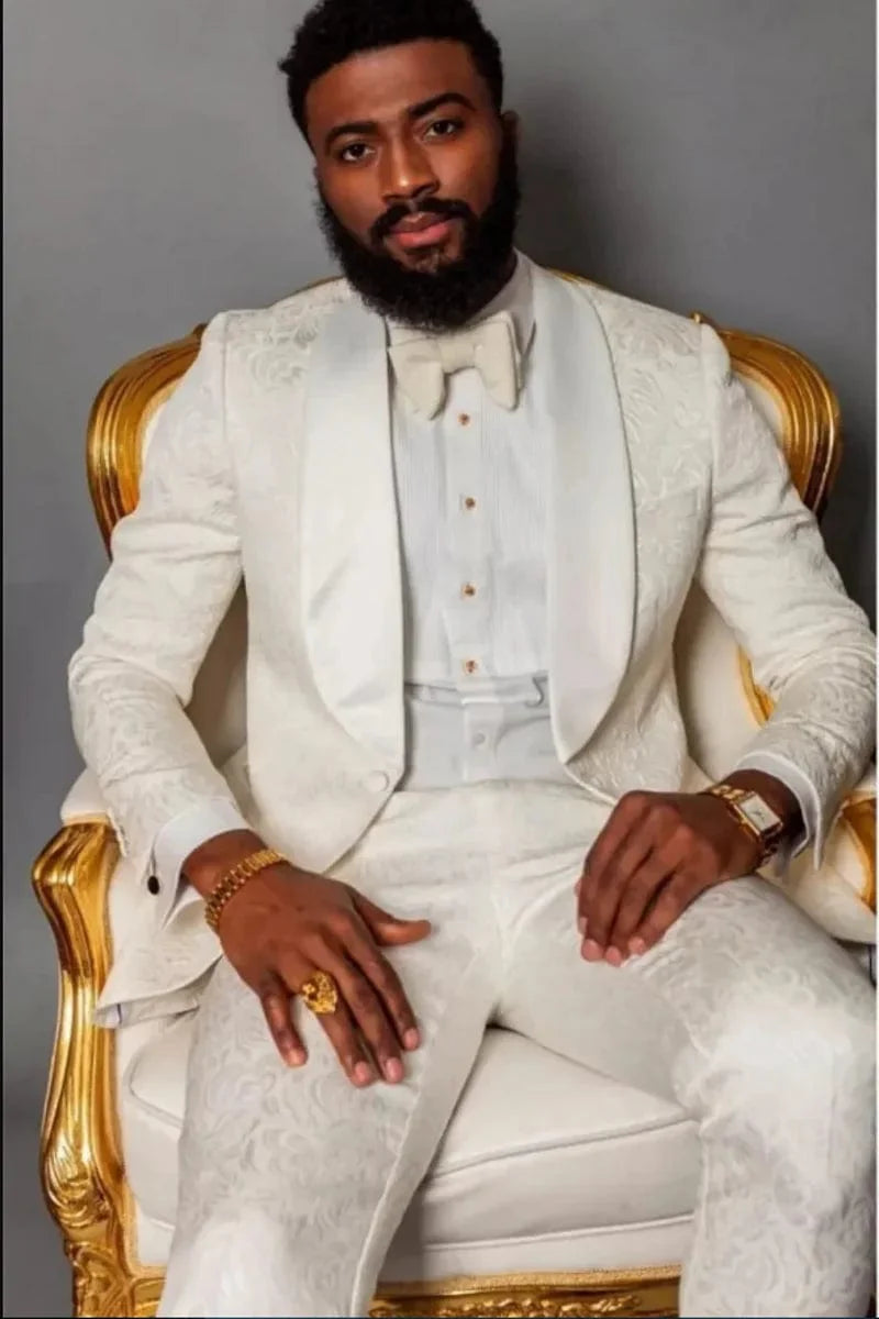 Ivory patterned men's tuxedo with shawl lapel, blazer and pants, suitable for groomsmen or wedding attire, by SHOWLU FASHION STORE.