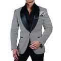 Ivory patterned men's tuxedo with shawl lapel, jacket and pants, perfect for wedding groomsmen or formal occasions.
