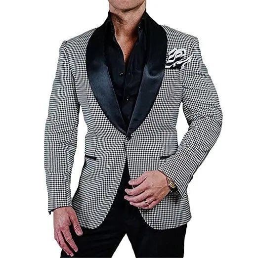 Ivory patterned men's tuxedo with shawl lapel, jacket and pants, perfect for wedding groomsmen or formal occasions.